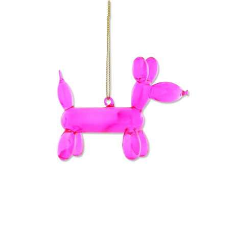 Pink balloon dog glass ornament with glossy finish and gold hanging cord