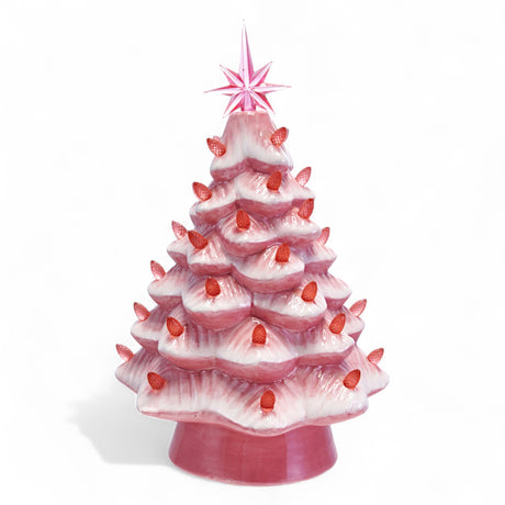 Pink and white ceramic LED Christmas tree 13.75 inches tall with plastic bulbs and star topper