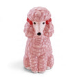  Seated pink ceramic poodle cookie jar with sculpted curls, red bows, black eyes and nose, and cream-colored paws
