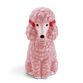 Seated pink ceramic poodle cookie jar with sculpted curls, red bows, black eyes and nose, and cream-colored paws