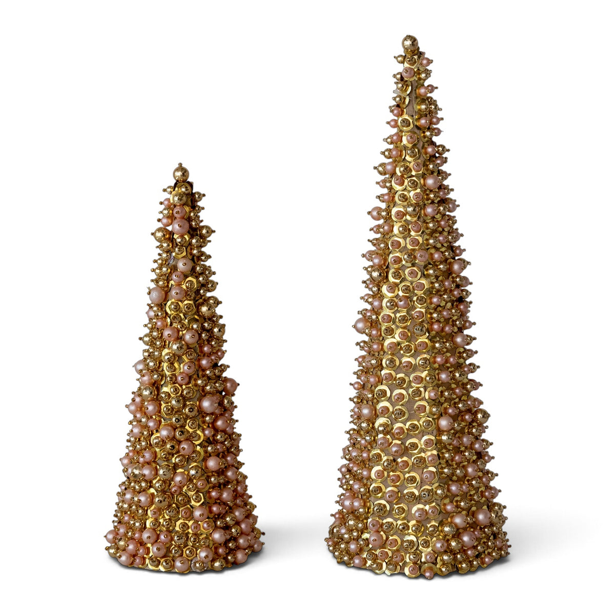 Two cone-shaped Christmas trees covered in pink faux pearls, gold glass beads, and sequins, shown in small and large sizes