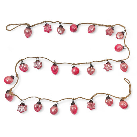 72-inch pink mercury glass ornament garland with star, heart, and round shapes on jute cord