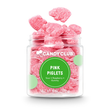 Pink pig-shaped sour raspberry gummy candies coated in sugar inside a clear Candy Club jar, 6 oz small cup
