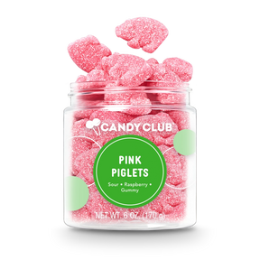 Pink pig-shaped sour raspberry gummy candies coated in sugar inside a clear Candy Club jar, 6 oz small cup