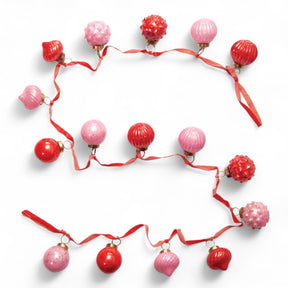72-inch pink and red mercury glass ornament garland on velvet ribbon