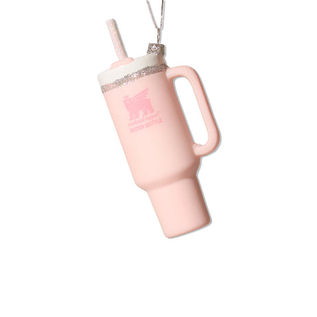 Pink glass ornament shaped like a Stanley cup with straw and silver glitter accents