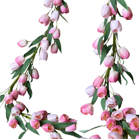 Pink tulip garland for spring decorating, faux floral garland with blush tulips for mantel, table, and shelf styling