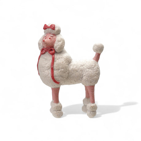 Pink and white resin poodle figurine 4.75 inches tall with bows and sugared finish