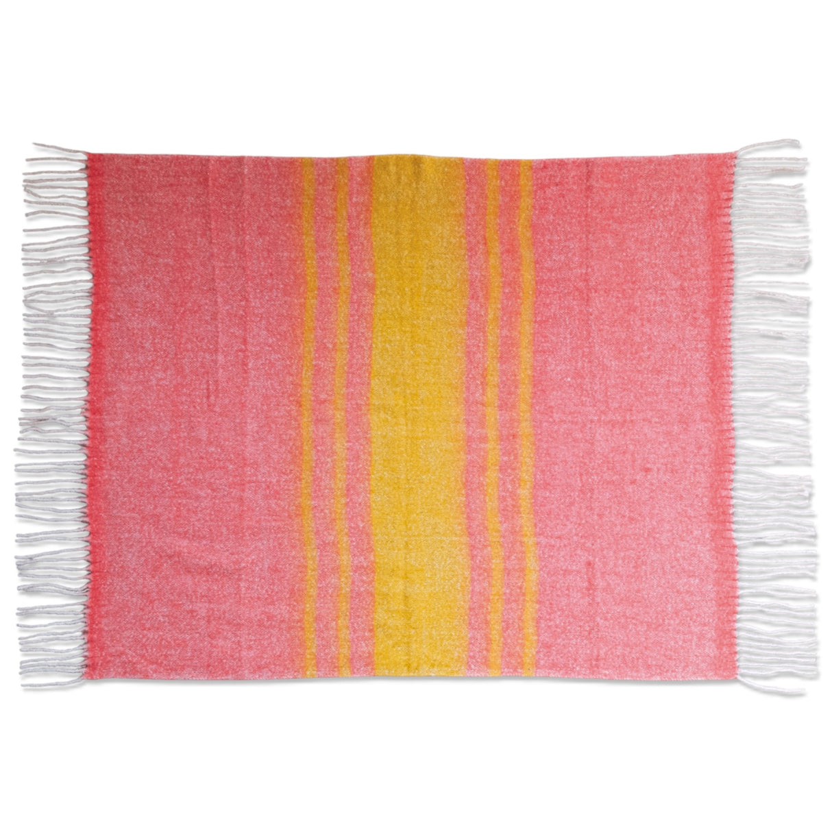 Pink and yellow striped wool blend throw blanket with fringe, 60x50 decorative accent