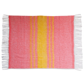 Pink and yellow striped wool blend throw blanket with fringe, 60x50 decorative accent