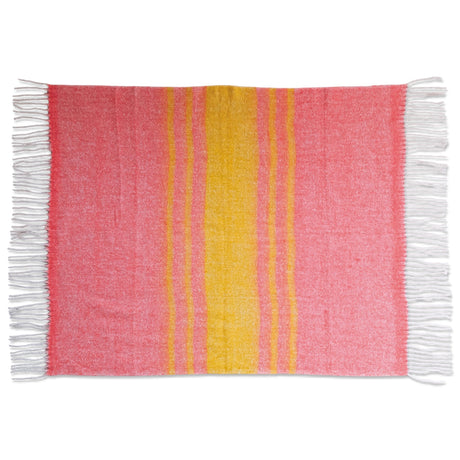 Pink and yellow striped wool blend throw blanket with fringe, 60x50 decorative accent