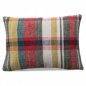 Plaid cotton chindi lumbar pillow with red velvet back