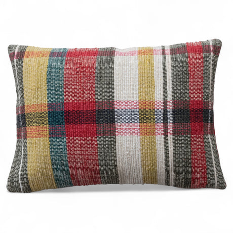 Plaid cotton chindi lumbar pillow with red velvet back
