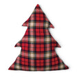 Christmas tree-shaped flannel pillow with red plaid, cream checks, dark stripes, and fine yellow accents.