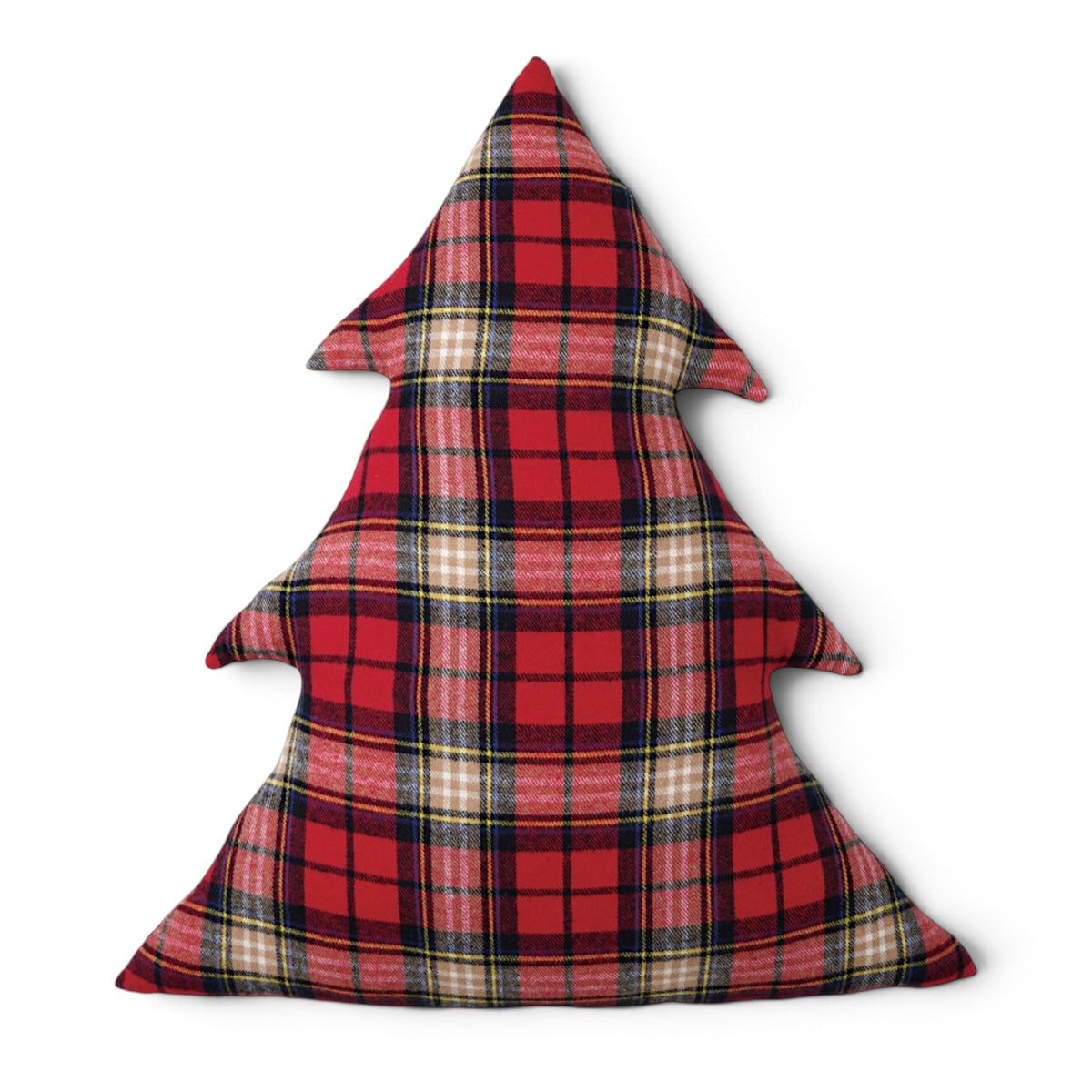 Christmas tree-shaped flannel pillow with red plaid, cream checks, dark stripes, and fine yellow accents.