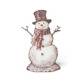 18-inch metal snowman decoration with plaid detailing and a flat silhouette.