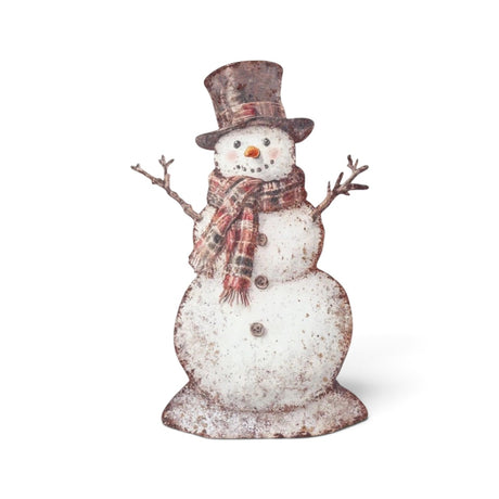 18-inch metal snowman decoration with plaid detailing and a flat silhouette.