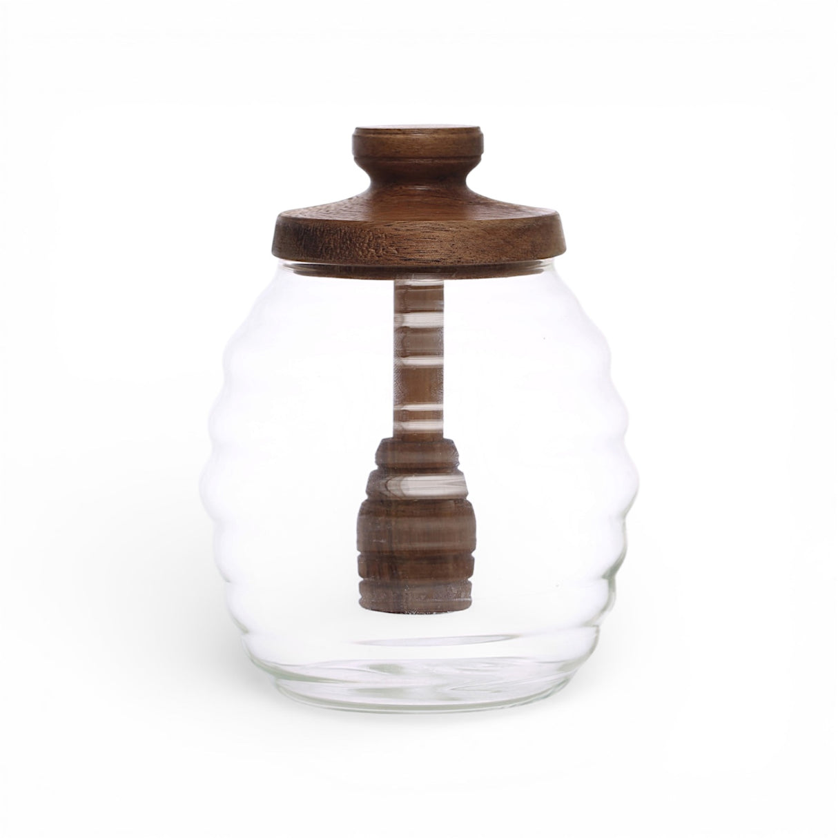 glass honey jar with acacia wood lid and honey dipper