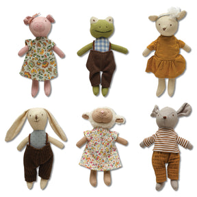 six assorted plush animal toys in fabric clothes including pig, frog, deer, bunny, sheep, and mouse