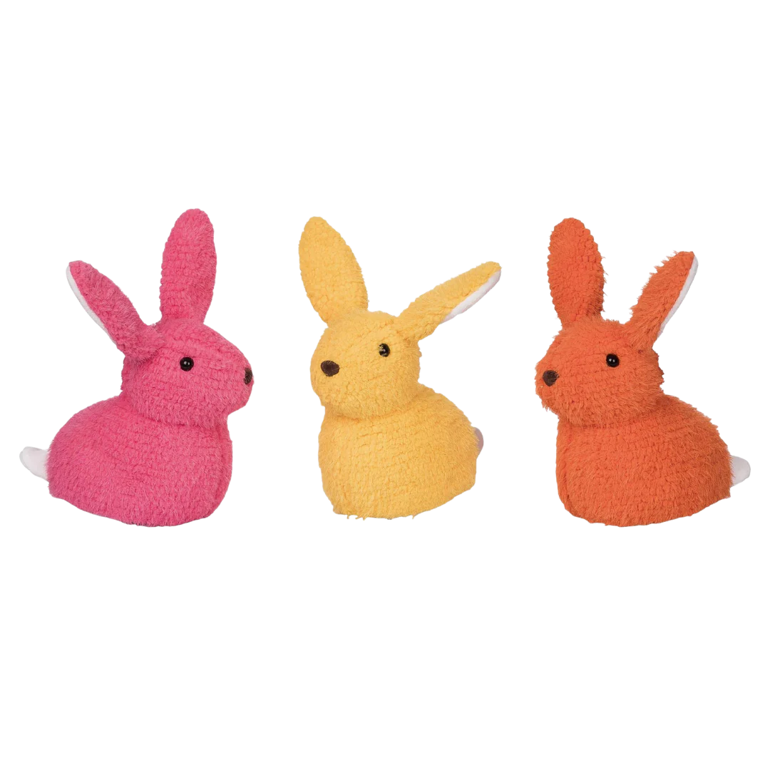 Plush bright crouching bunny doorstop in three colors, perfect for home décor and kids' rooms.