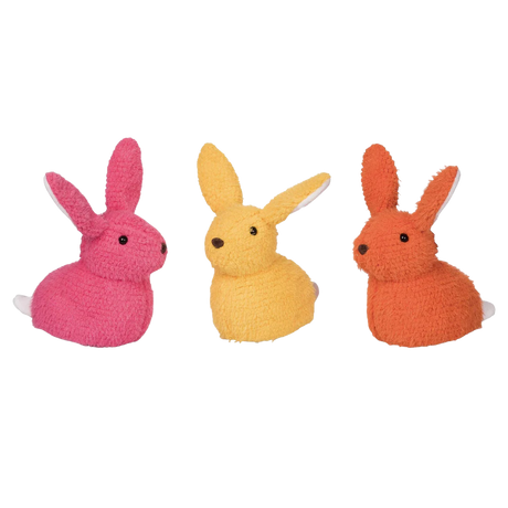 Plush bright crouching bunny doorstop in three colors, perfect for home décor and kids' rooms.