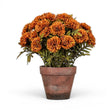 potted brown mums faux floral arrangement in weathered pot