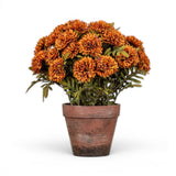 potted brown mums faux floral arrangement in weathered pot