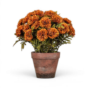 potted brown mums faux floral arrangement in weathered pot