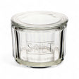 Clear pressed glass salt cellar with lid and embossed SALT lettering, 4.5 by 3.5 inches