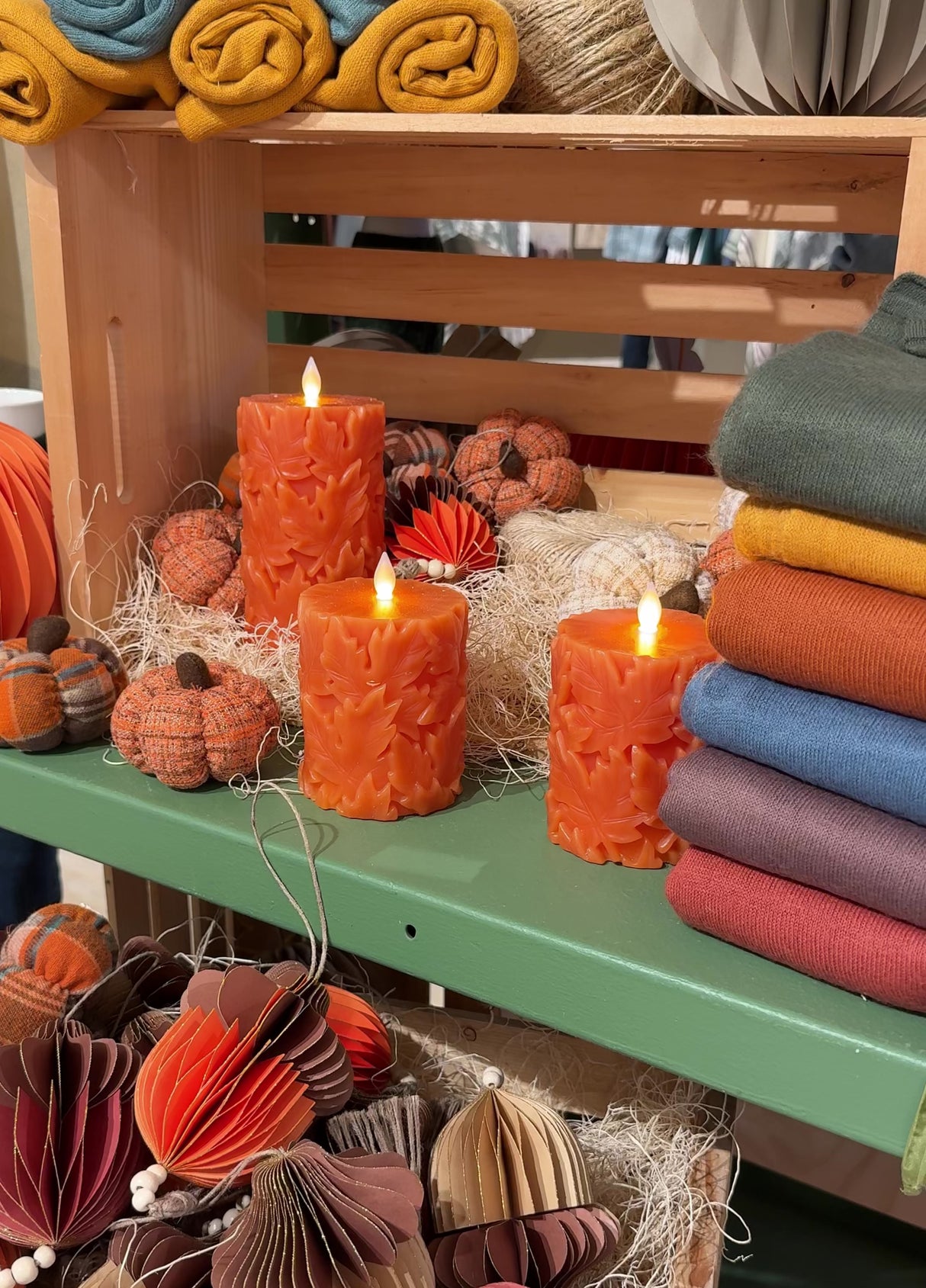 Orange Engraved Leaf LED Flameless Pillar Candle | 2 Sizes