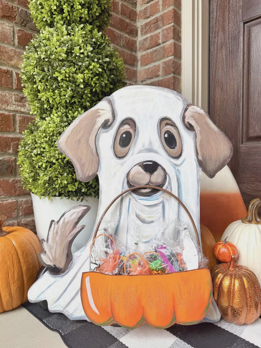 Large Ghost Puppy with Trick-or-Treat Basket Metal Stake Sign