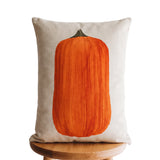 Primitive 12 x 18 upright orange pumpkin lumbar pillow with distressed artwork on a neutral background