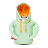 Puffin Drinkwear Hoodie can cooler in Seafoam with orange hood lining and insulated sleeve for 12 oz cans and 16 oz tall cans.