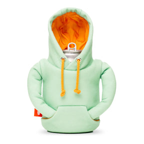 Puffin Drinkwear Hoodie can cooler in Seafoam with orange hood lining and insulated sleeve for 12 oz cans and 16 oz tall cans.