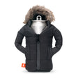 Puffin Drinkwear Pahka black insulated can and bottle cooler with faux fur hood for bottles, tall 12 oz cans, and 16 oz tall boy cans.