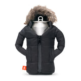 Puffin Drinkwear Pahka black insulated can and bottle cooler with faux fur hood for bottles, tall 12 oz cans, and 16 oz tall boy cans.