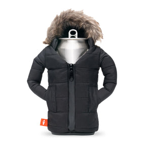 Puffin Drinkwear Pahka black insulated can and bottle cooler with faux fur hood for bottles, tall 12 oz cans, and 16 oz tall boy cans.