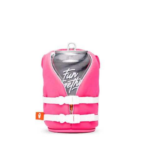 Puffin Drinkwear The Buoy Party Pink insulated can cooler styled like a bright pink life jacket for standard 12 oz. beverage cans.