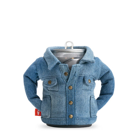 Puffin Drinkwear The Denim insulated can cooler styled like a classic blue jean jacket for standard 12 oz. beverage cans.