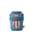 Puffin Drinkwear The Denim Vest Merca insulated can cooler with denim vest design and vintage American flag for standard 12 oz. beverage cans.