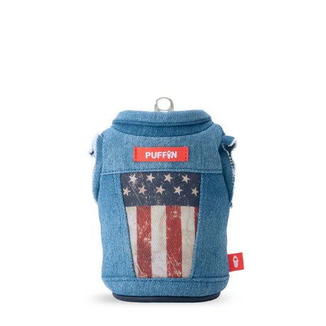 Puffin Drinkwear The Denim Vest Merca insulated can cooler with denim vest design and vintage American flag for standard 12 oz. beverage cans.