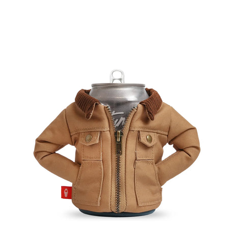 Puffin Drinkwear The Detroit insulated can cooler in Chestnut with workwear jacket design for standard 12 oz. beverage cans.