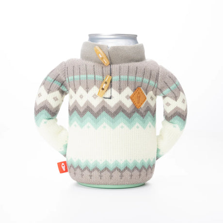 Puffin Drinkwear The Fjord Seafoam insulated can cooler with Fair Isle sweater design, faux horn buttons, and vegan leather patch for standard 12 oz. beverage cans.