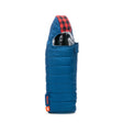 Puffin Drinkwear The OG bottle cooler in Sailor Blue with red buffalo plaid hood, insulated bottle sleeve for standard glass beverage bottles.