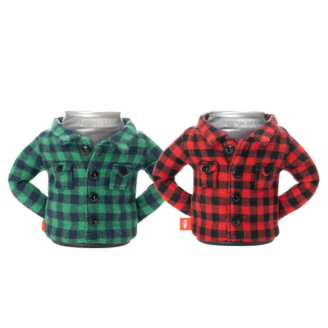 Puffin Drinkwear Feller insulated flannel shirt can cooler in Green Plaid and Red Plaid for standard 12 oz beverage cans.
