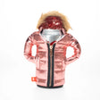 Puffin Drinkwear Rose Gold Pahka insulated can cooler with faux fur hood for bottles and tall beverage cans.