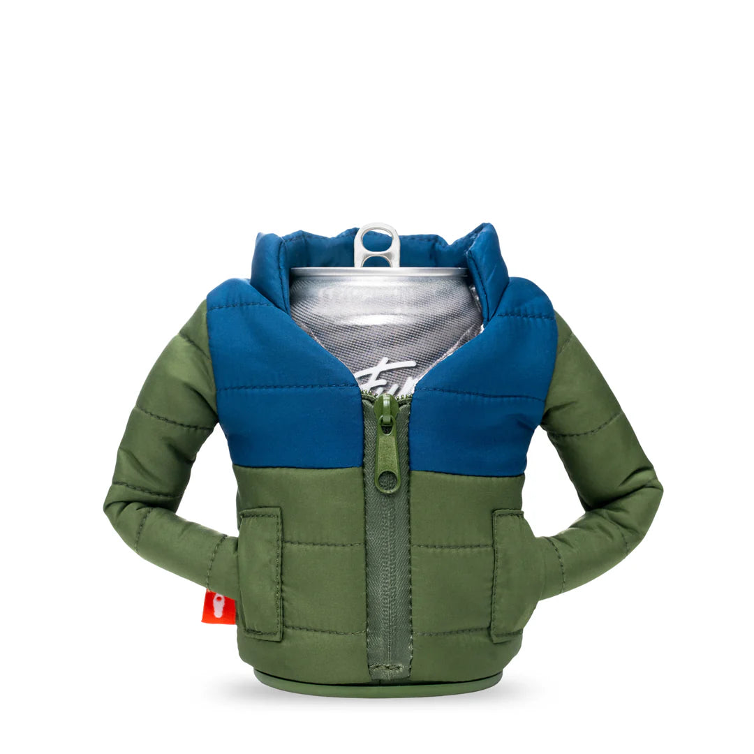 Puffin Drinkwear Puffy insulated puffer jacket can cooler in Olive Green and Sailor Blue for standard 12 oz beverage cans.