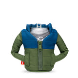Puffin Drinkwear Puffy insulated puffer jacket can cooler in Olive Green and Sailor Blue for standard 12 oz beverage cans.
