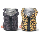 Puffin Drinkwear Leopard Puffy Vest insulated can cooler for standard 12 oz beverage cans.
