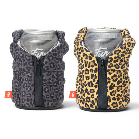 Puffin Drinkwear Leopard Puffy Vest insulated can cooler for standard 12 oz beverage cans.
